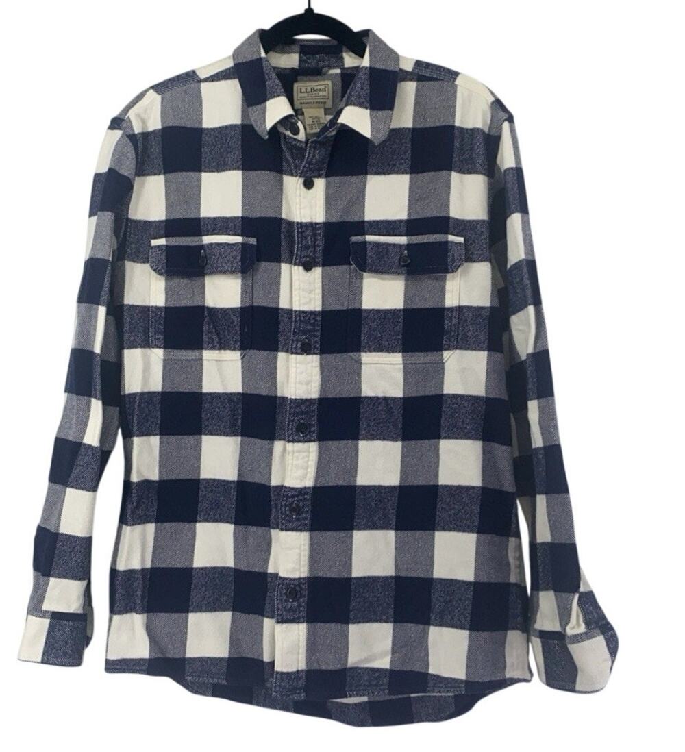 L.L Bean Men’s Shirt Slighty Fitted Flannel Blue Check M Reg Organic Cotton